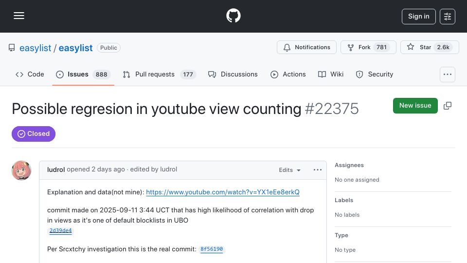 Screenshot of github.com: A single adblock filter may have caused YouTube's global view drop