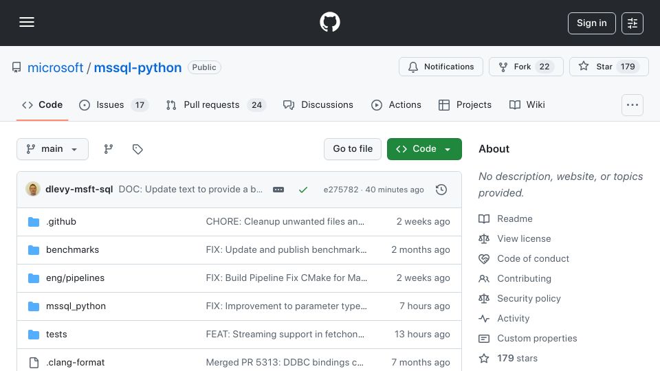 Screenshot of github.com: Microsoft Python Driver for SQL Server