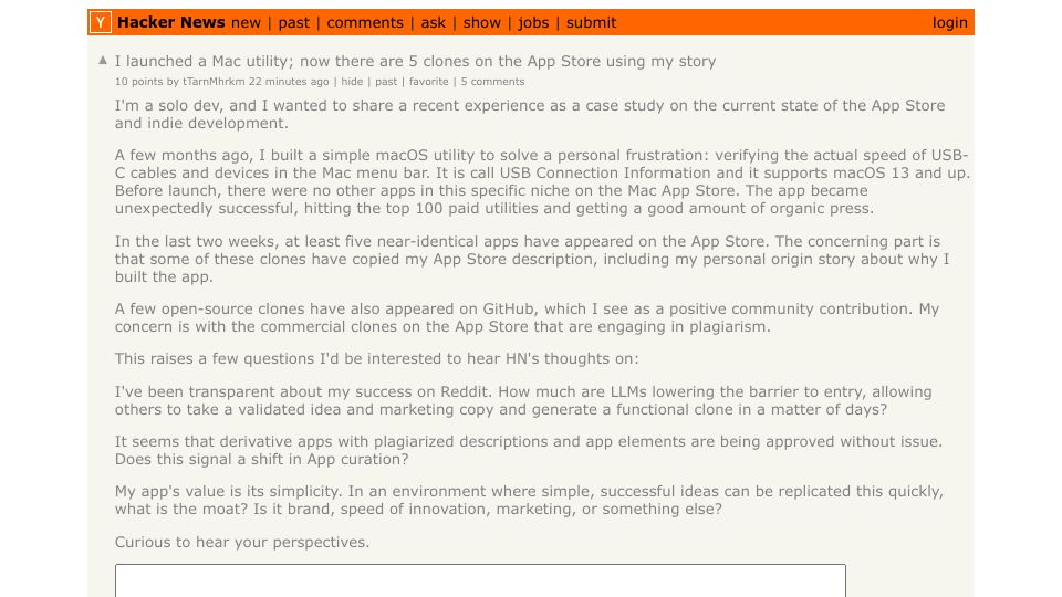 Screenshot of Hacker News post: I launched a Mac utility; now there are 5 clones on the App Store using my story