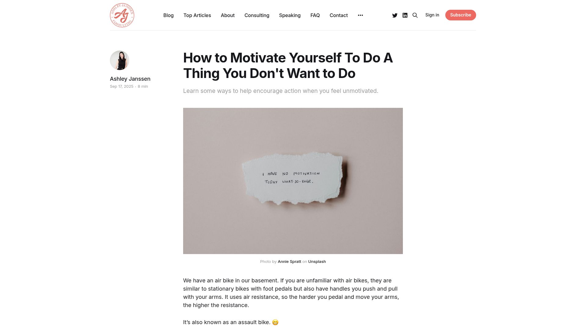 Screenshot of ashleyjanssen.com: How to motivate yourself to do a thing you don't want to do
