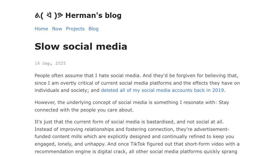 Screenshot of herman.bearblog.dev: Slow social media