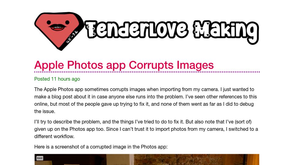 Screenshot of tenderlovemaking.com: Apple Photos app corrupts images