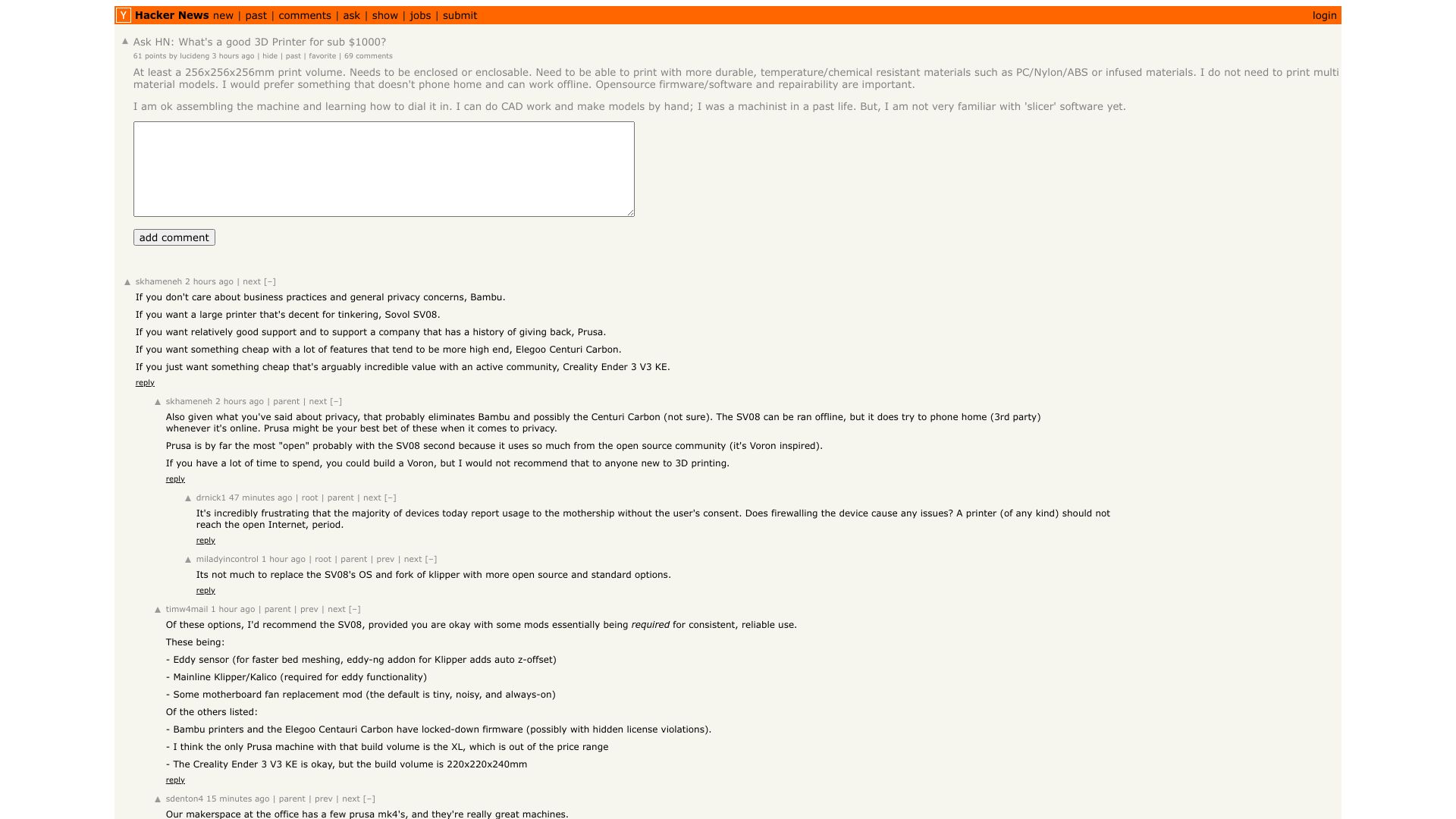 Screenshot of this Hacker News post: Ask HN: What's a good 3D Printer for sub $1000?