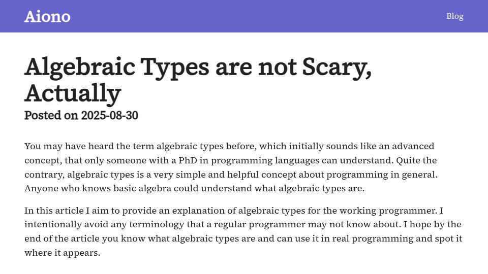 Screenshot of blog.aiono.dev: Algebraic Types are not Scary