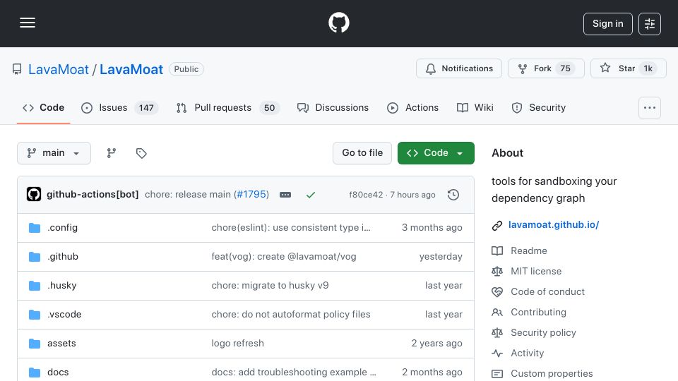 Screenshot of github.com: LavaMoat – Tools for sandboxing your dependency graph