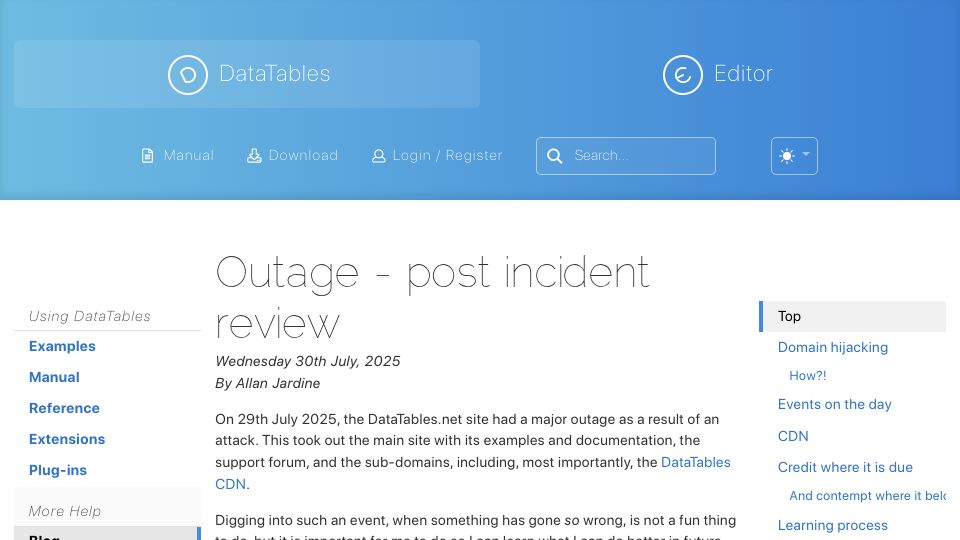 Screenshot of datatables.net: DataTables CDN Outage – post incident review