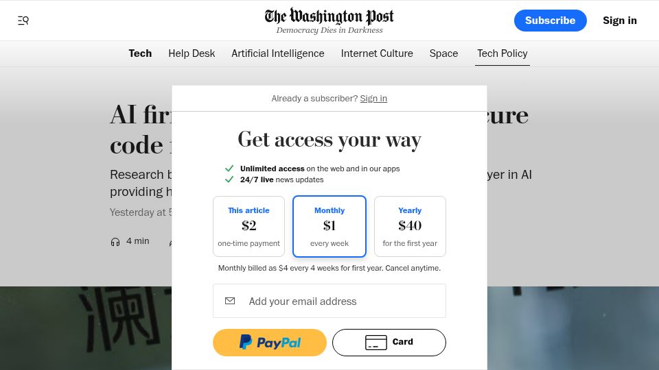 Screenshot of washingtonpost.com: DeepSeek writes less secure code for groups China disfavors?