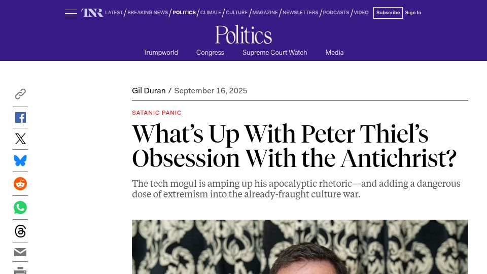 Screenshot of newrepublic.com: What's Up with Peter Thiel's Obsession with the Antichrist?