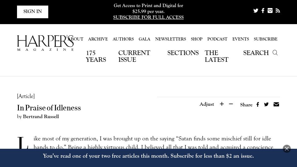 Screenshot of harpers.org: In Praise of Idleness (1932)
