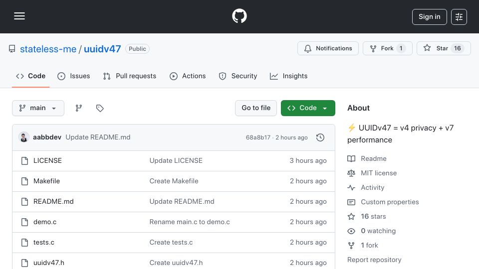 Screenshot of github.com: UUIDv47: Store UUIDv7 in DB, emit UUIDv4 outside (SipHash-masked timestamp)