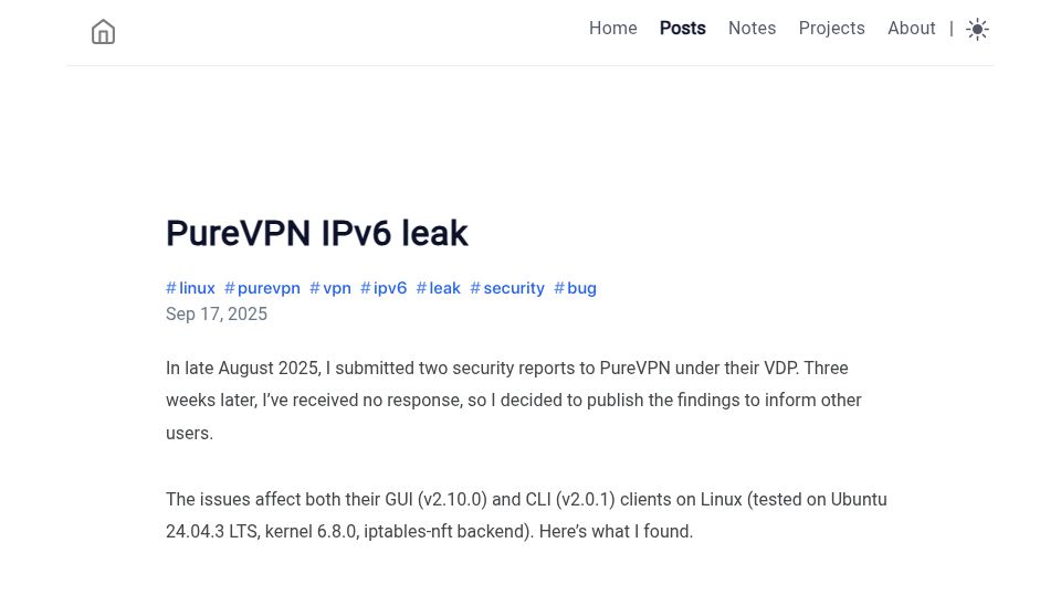 Screenshot of anagogistis.com: PureVPN IPv6 Leak