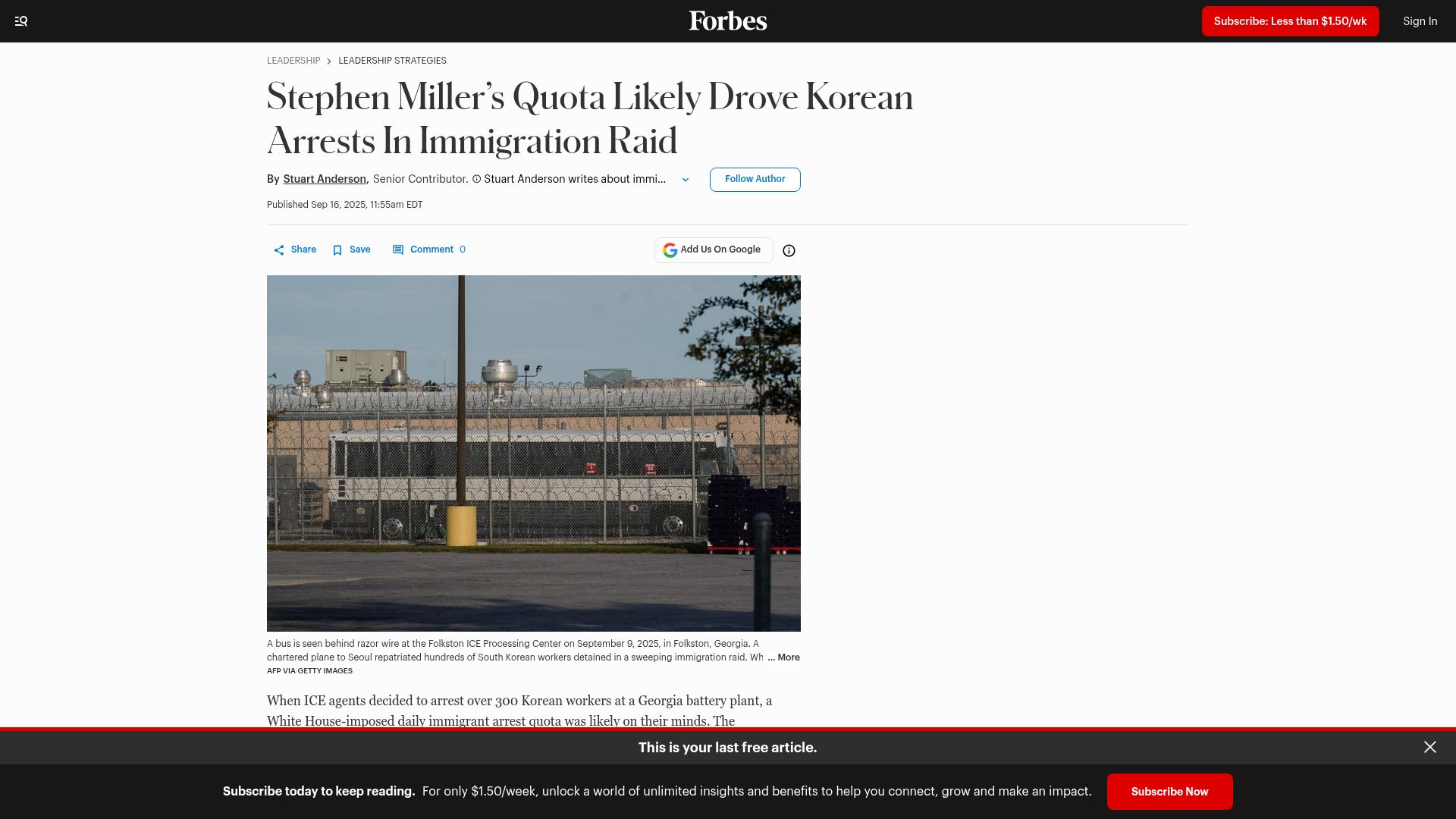 Screenshot of forbes.com: Stephen Miller's Quota Likely Drove Korean Arrests in Immigration Raid