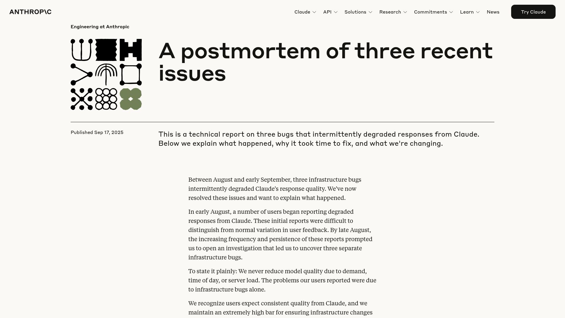 Screenshot of anthropic.com: A postmortem of three recent issues