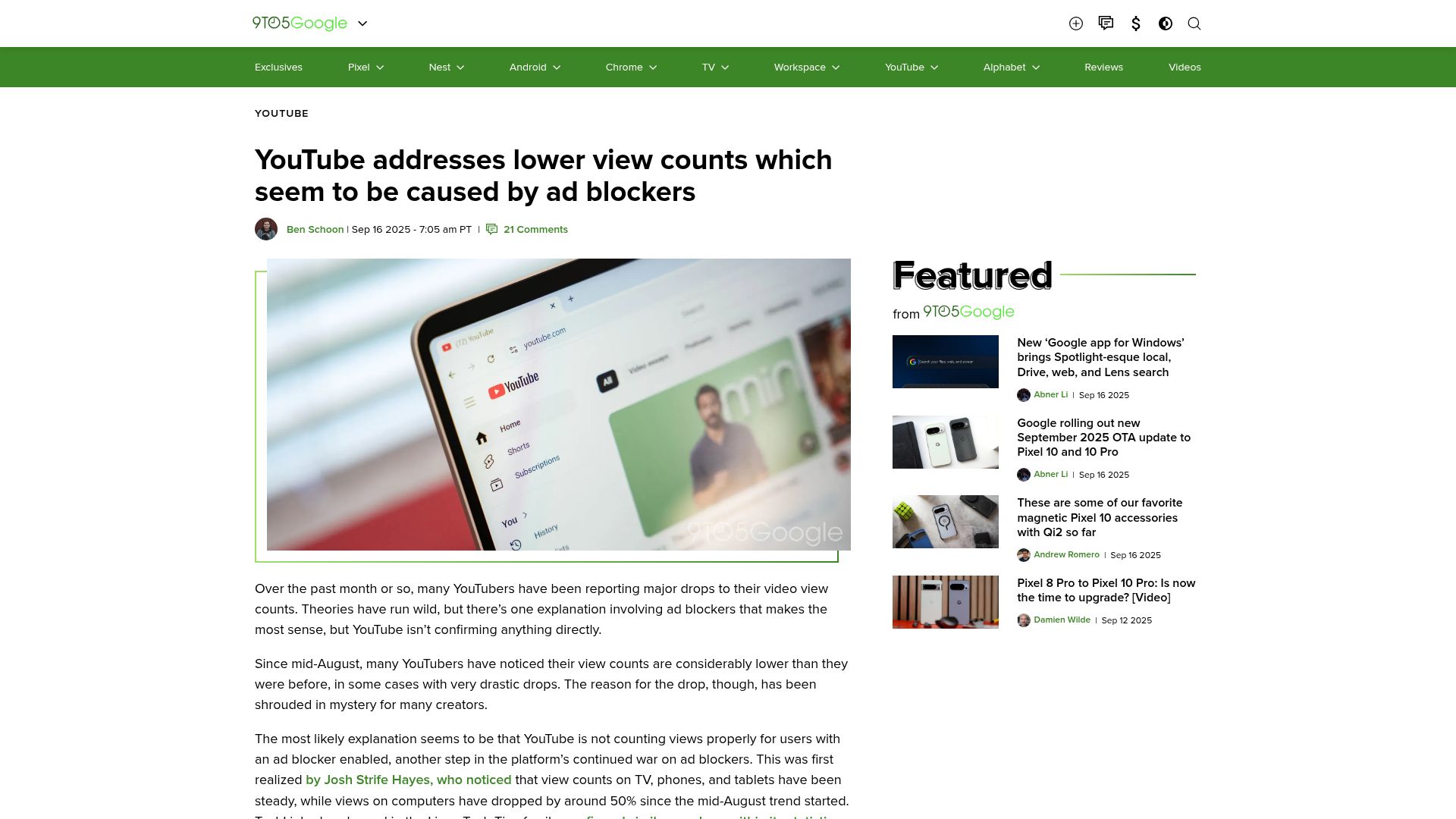 Screenshot of 9to5google.com: YouTube addresses lower view counts which seem to be caused by ad blockers