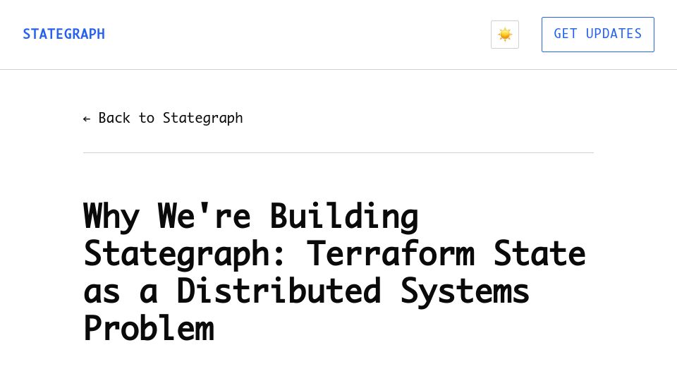 Screenshot of stategraph.dev: Stategraph: Terraform state as a distributed systems problem