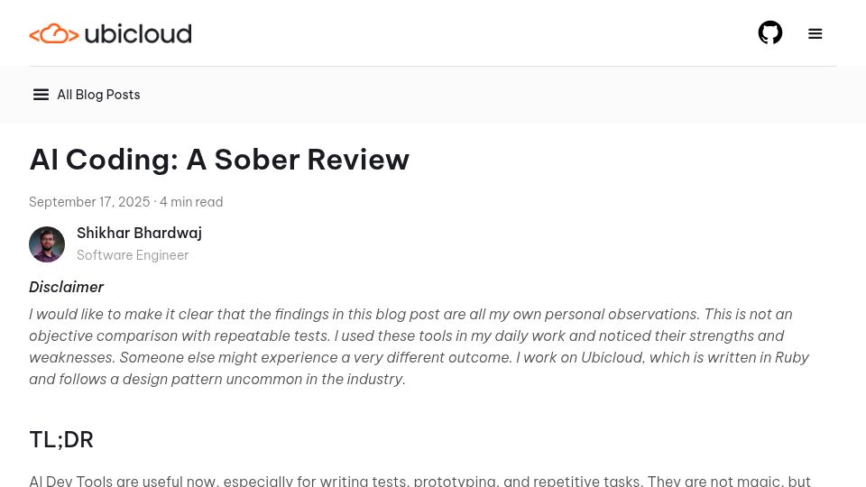 Screenshot of ubicloud.com: AI Coding: A Sober Review