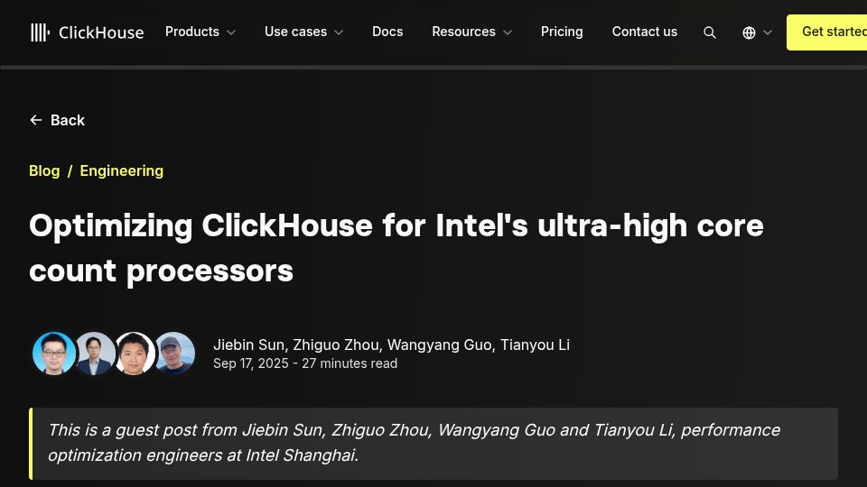 Screenshot of clickhouse.com: Optimizing ClickHouse for Intel's 280 core processors