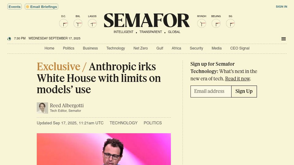 Screenshot of semafor.com: Anthropic irks White House with limits on models’ use