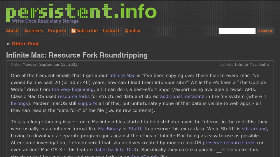 Screenshot of blog.persistent.info: Infinite Mac: Resource Fork Roundtripping
