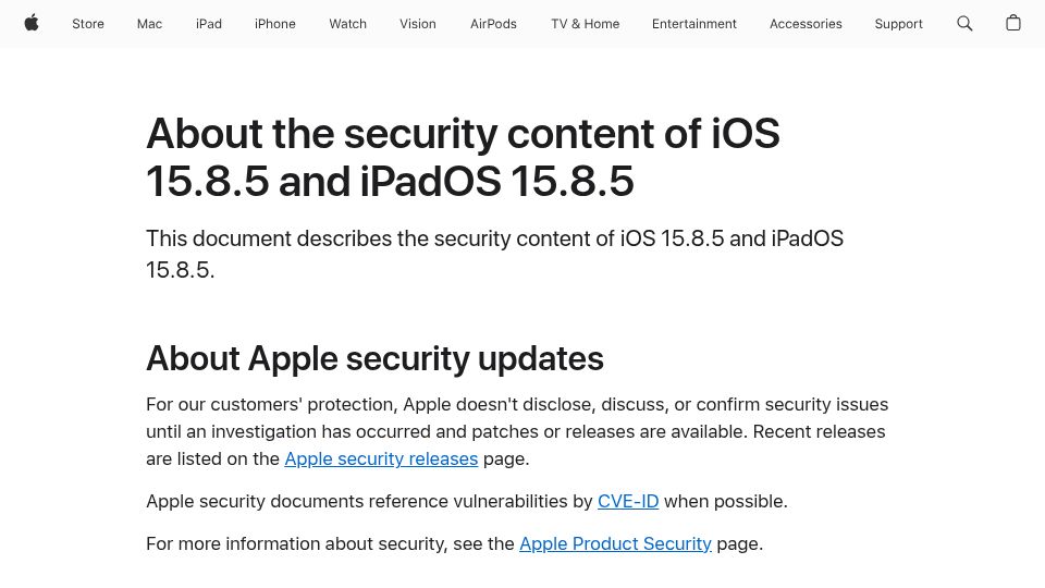 Screenshot of support.apple.com: About the security content of iOS 15.8.5 and iPadOS 15.8.5