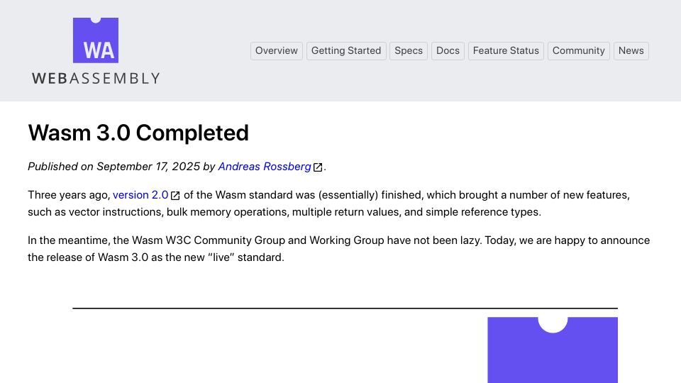 Screenshot of webassembly.org: WASM 3.0 Completed