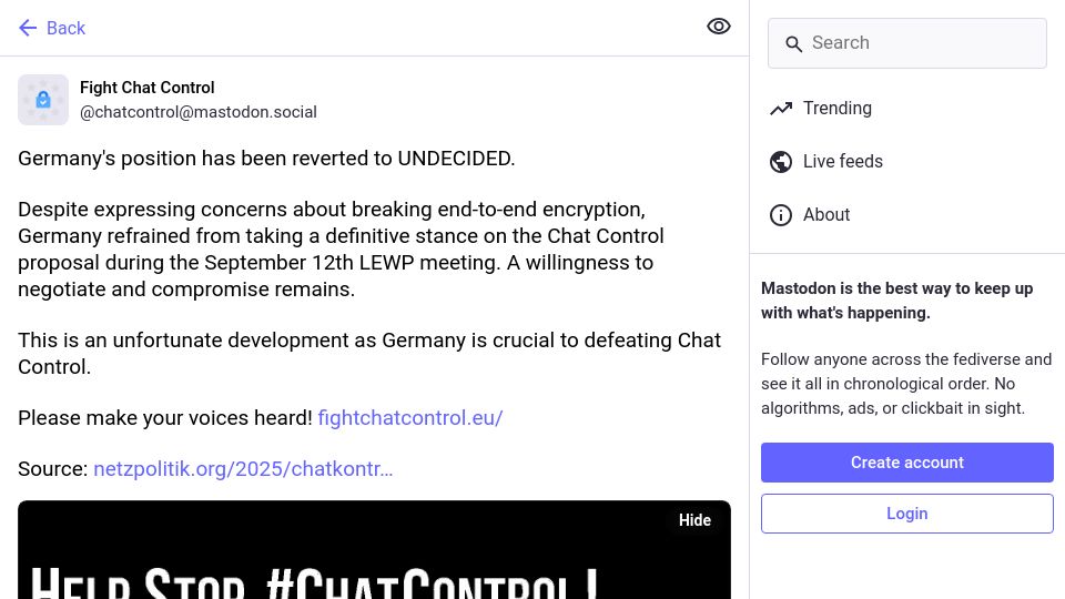 Screenshot of mastodon.social: EU Chat Control: Germany's position has been reverted to undecided