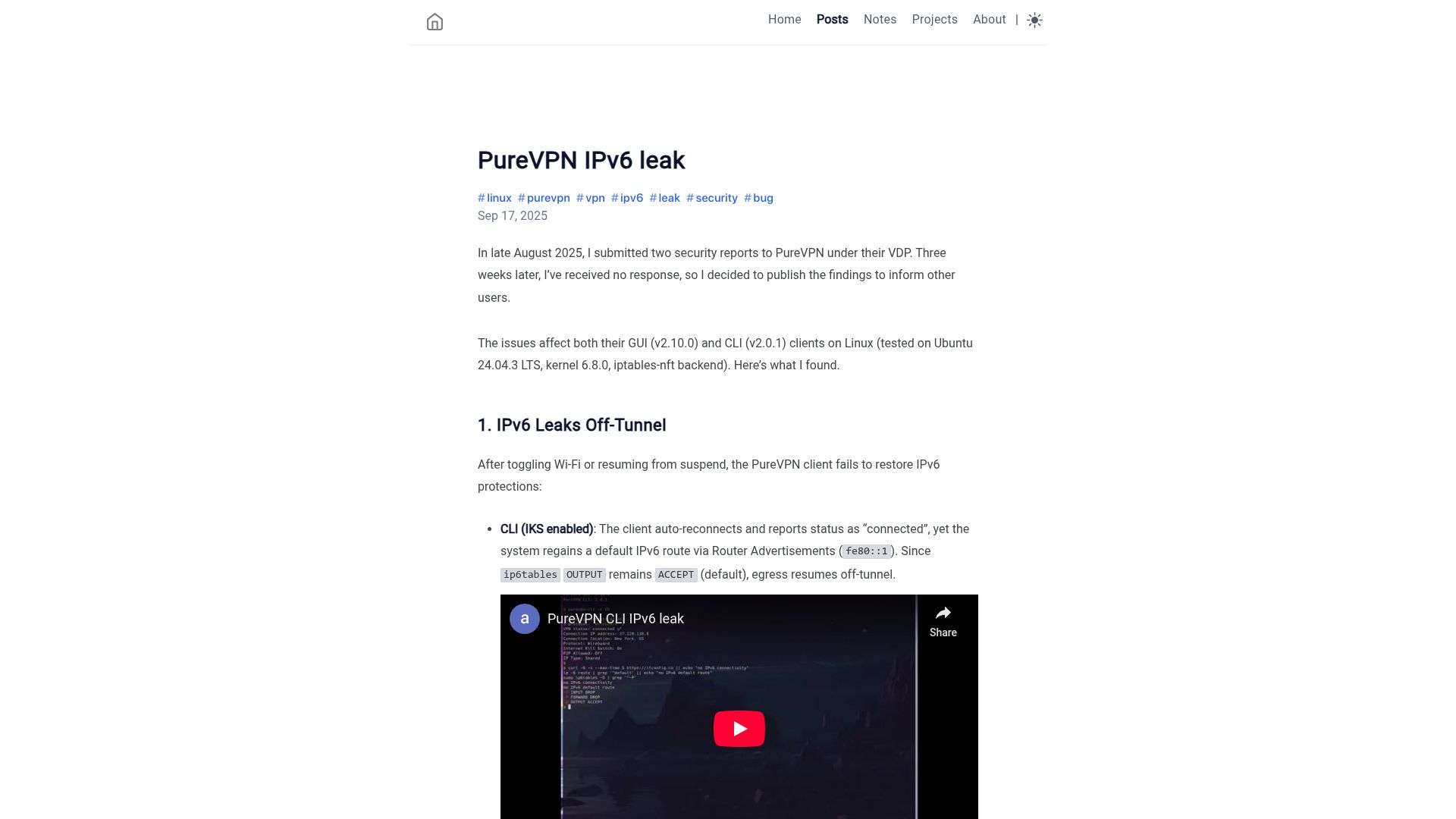 Screenshot of anagogistis.com: PureVPN IPv6 Leak