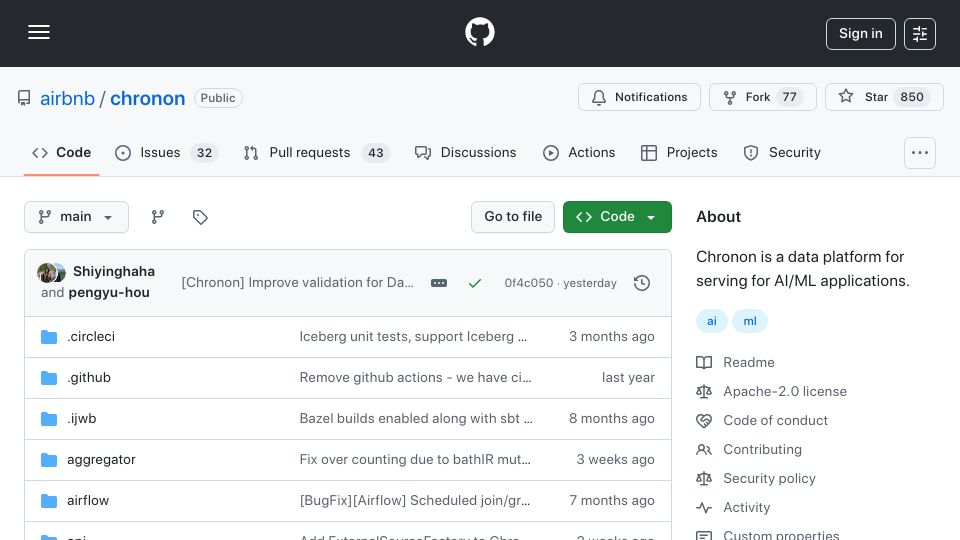 Screenshot of github.com: Chronon: A data platform for serving for AI/ML applications