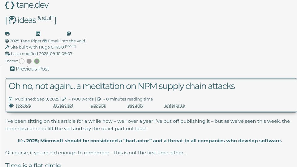 Screenshot of tane.dev: Oh no, not again a meditation on NPM supply chain attacks