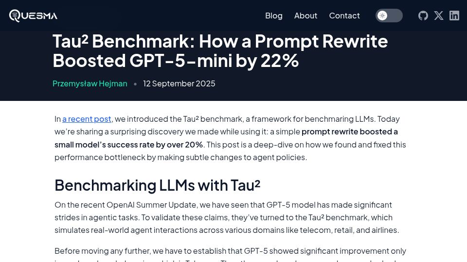 Screenshot of quesma.com: Tau² benchmark: How a prompt rewrite boosted GPT-5-mini by 22%