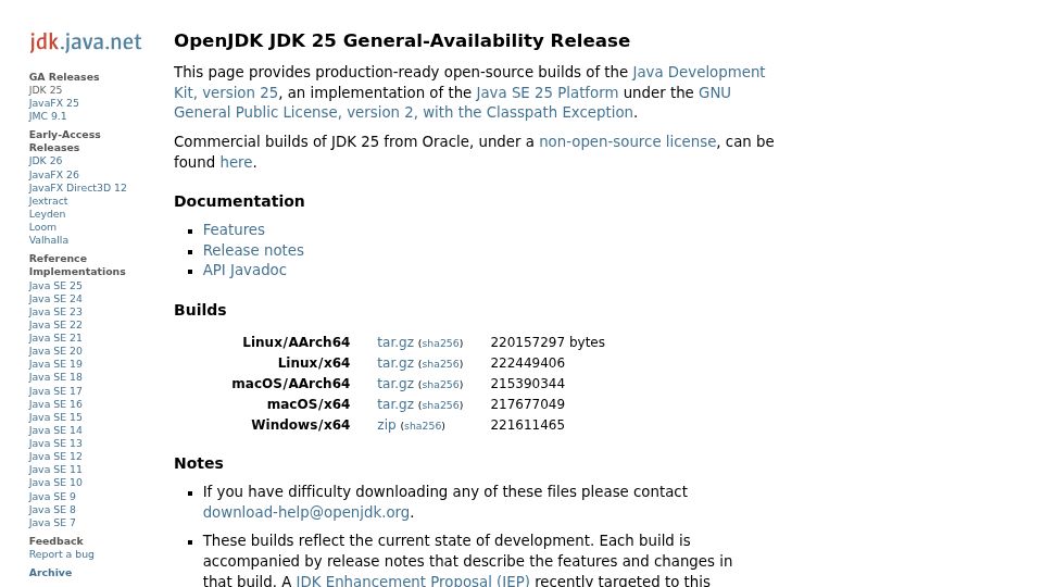 Screenshot of jdk.java.net: Java 25 General Availability