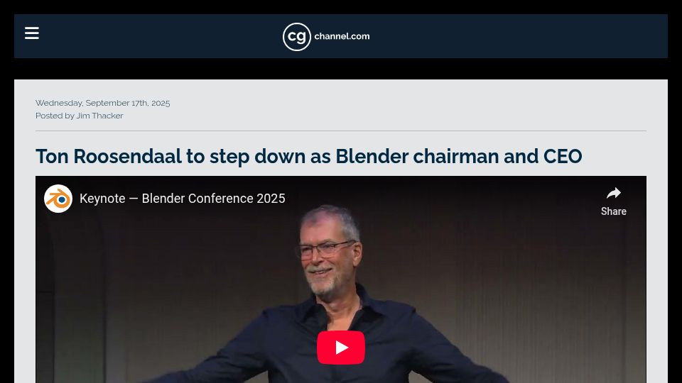 Screenshot of cgchannel.com: Ton Roosendaal to step down as Blender chairman and CEO