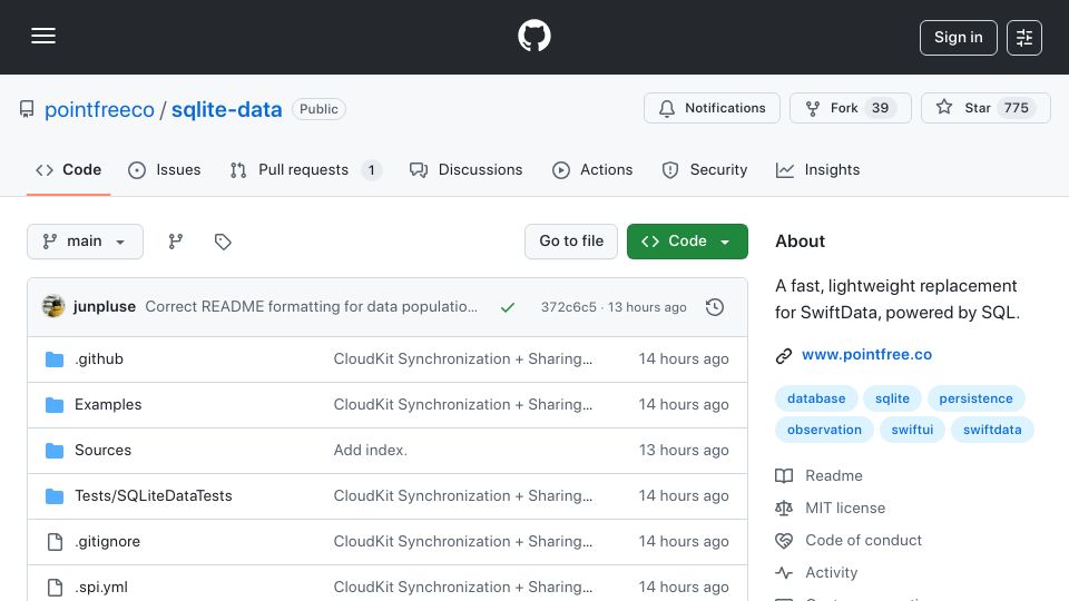 Screenshot of github.com: SQLiteData: A fast, lightweight replacement for SwiftData using SQL and CloudKit