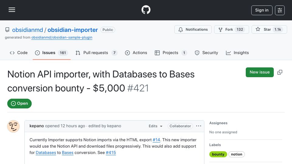 Screenshot of github.com: Notion API importer, with Databases to Bases conversion bounty