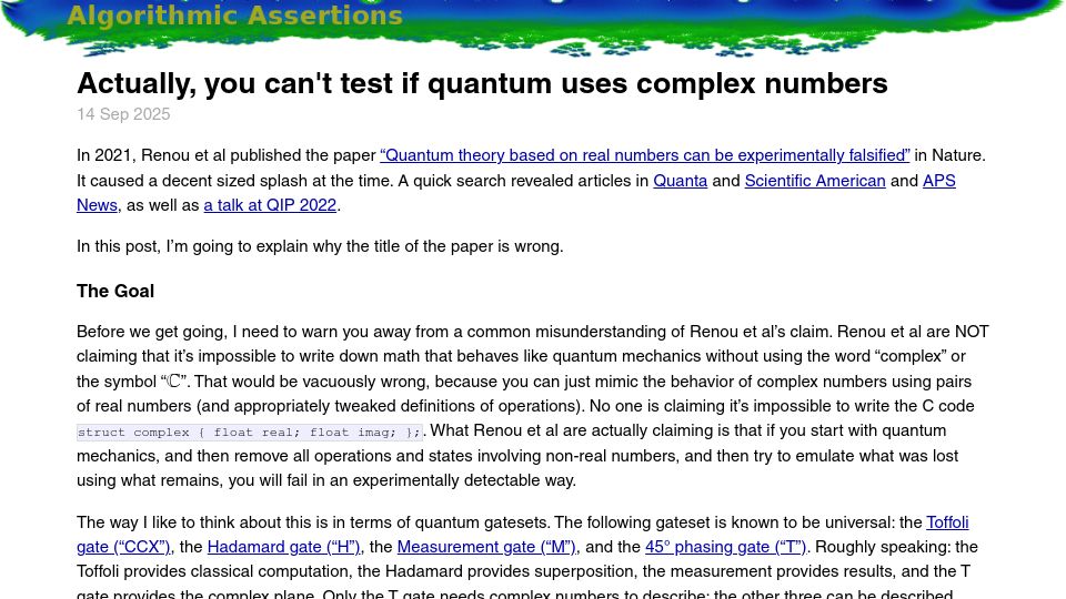 Screenshot of algassert.com: You can't test if quantum uses complex numbers