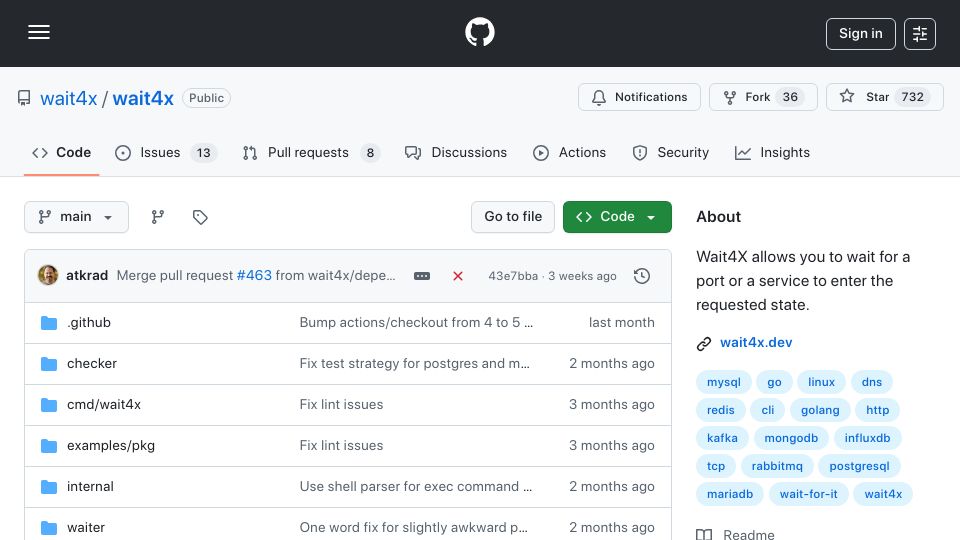 Screenshot of github.com: Wait4X allows you to wait for a port or a service to enter the requested state