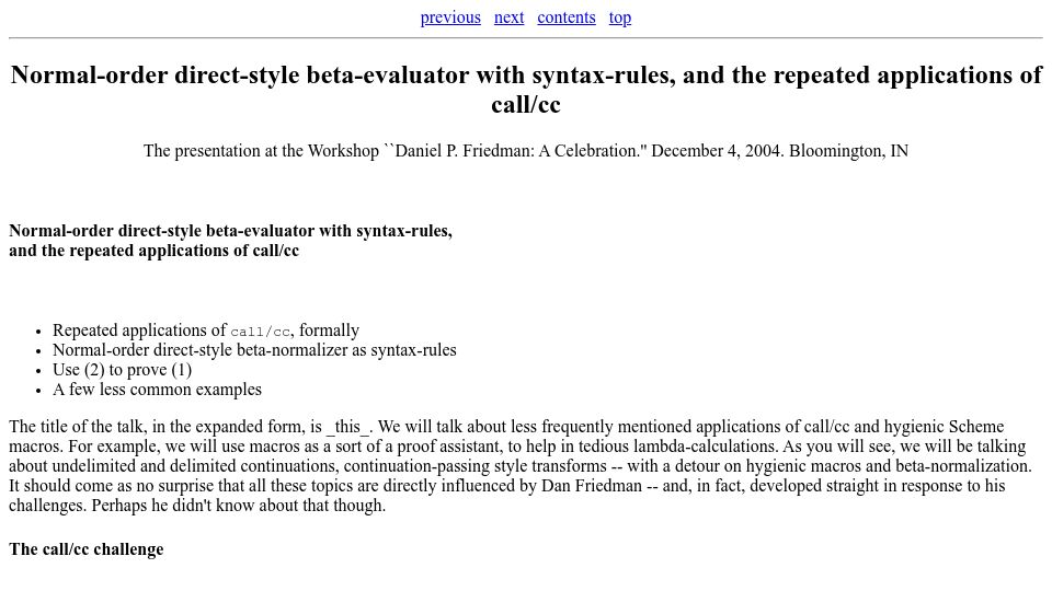 Screenshot of okmij.org: Normal-order syntax-rules and proving the fix-point of call/cc