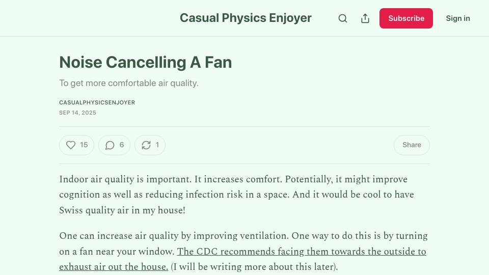 Screenshot of chillphysicsenjoyer.substack.com: Noise cancelling a fan