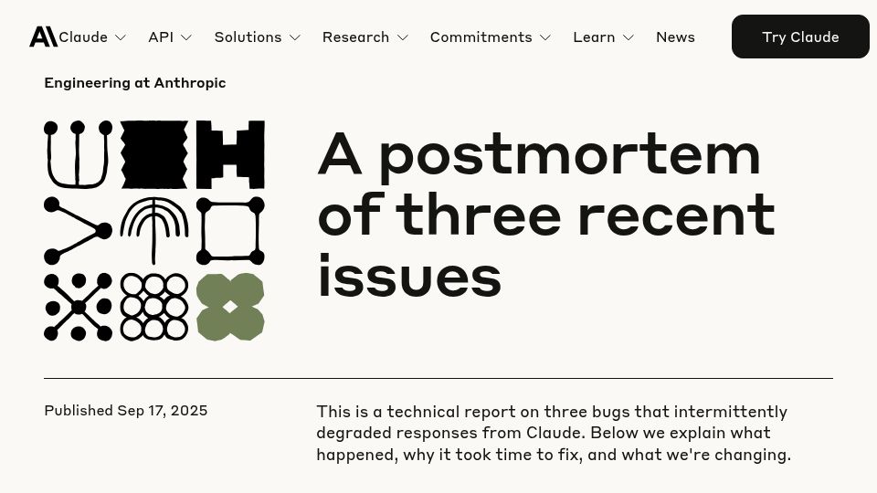 Screenshot of anthropic.com: A postmortem of three recent issues