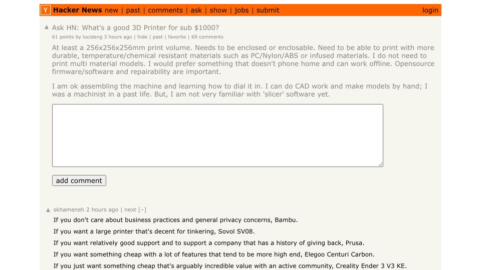 Screenshot of Hacker News post: Ask HN: What's a good 3D Printer for sub $1000?