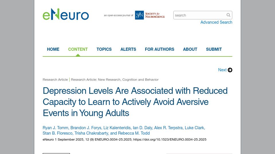 Screenshot of eneuro.org: Depression reduces capacity to learn to actively avoid aversive events