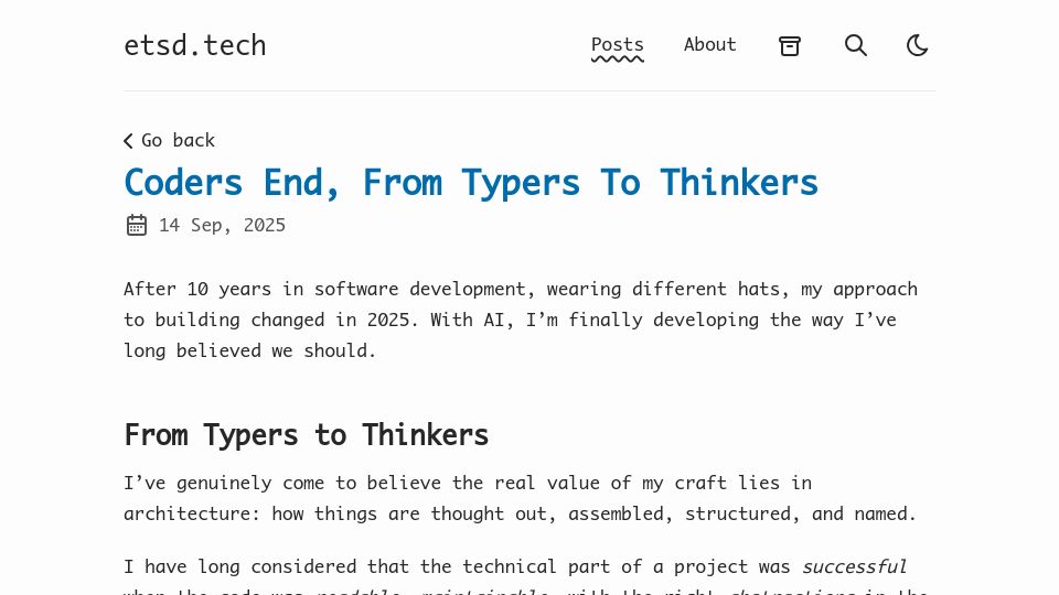 Screenshot of etsd.tech: Coders End, from Typers to Thinkers