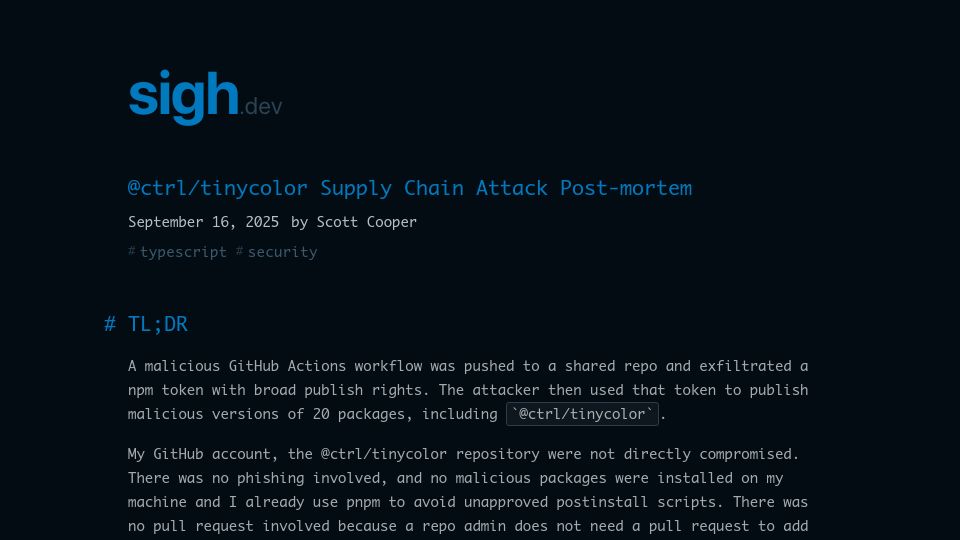 Screenshot of sigh.dev: Tinycolor supply chain attack post-mortem