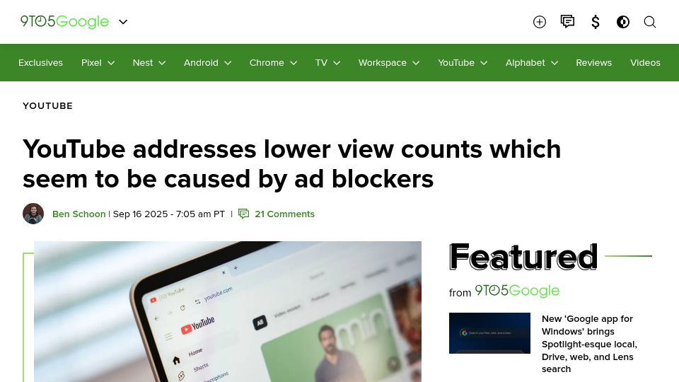 Screenshot of 9to5google.com: YouTube addresses lower view counts which seem to be caused by ad blockers