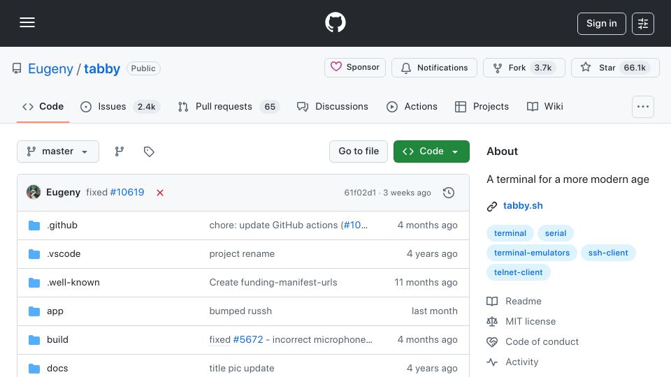 Screenshot of github.com: Tabby – A Terminal for the Modern Age