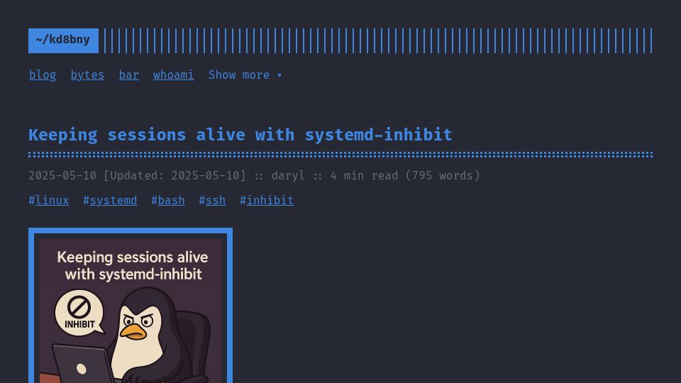 Screenshot of kd8bny.com: Keeping SSH sessions alive with systemd-inhibit