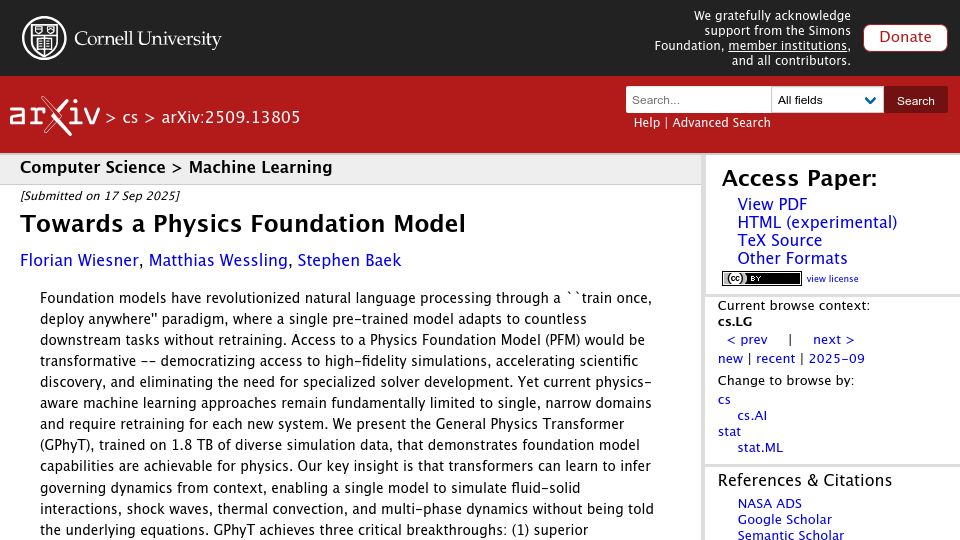 Screenshot of arxiv.org: Towards a Physics Foundation Model