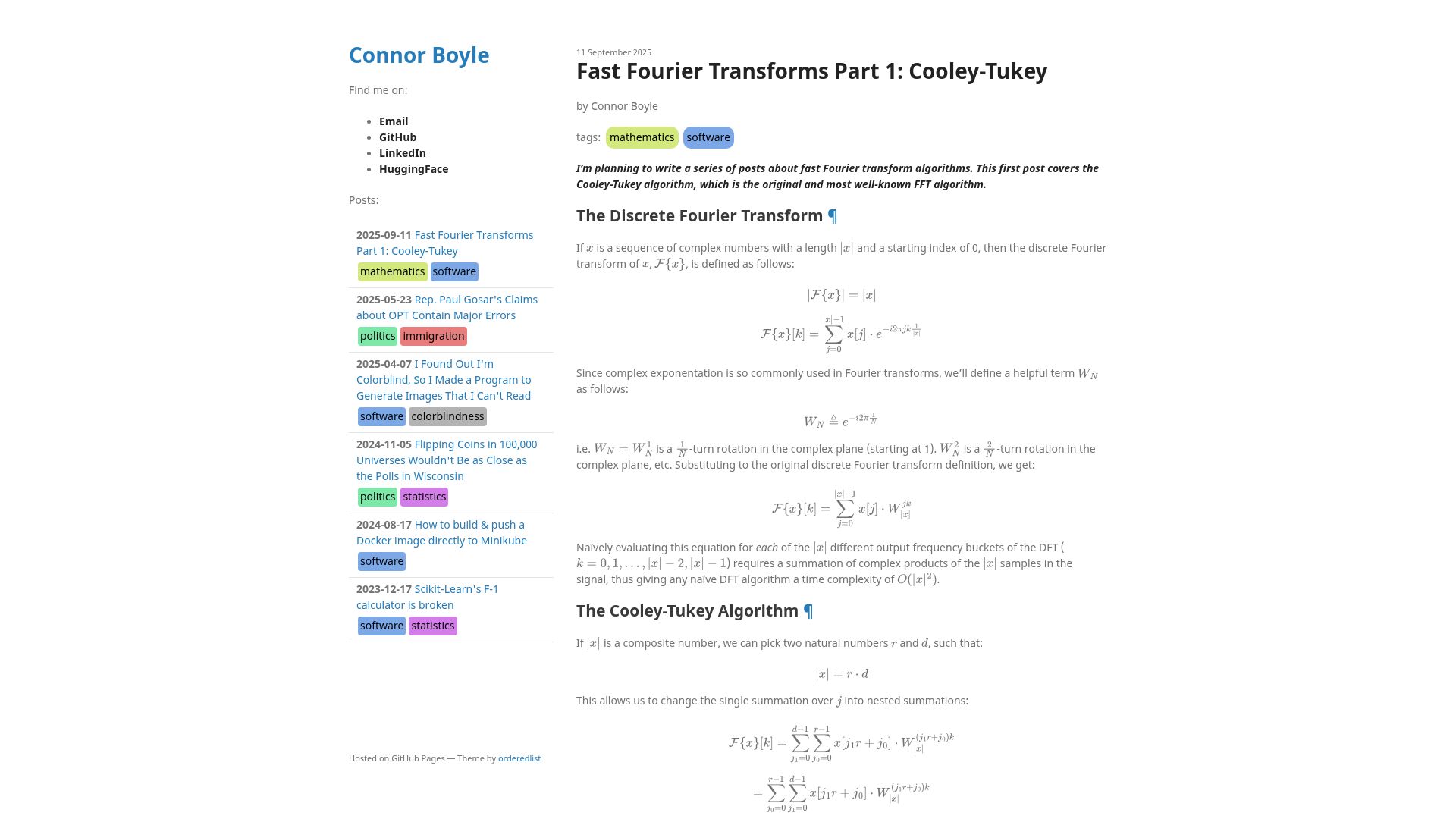 Screenshot of connorboyle.io: Fast Fourier Transforms Part 1: Cooley-Tukey