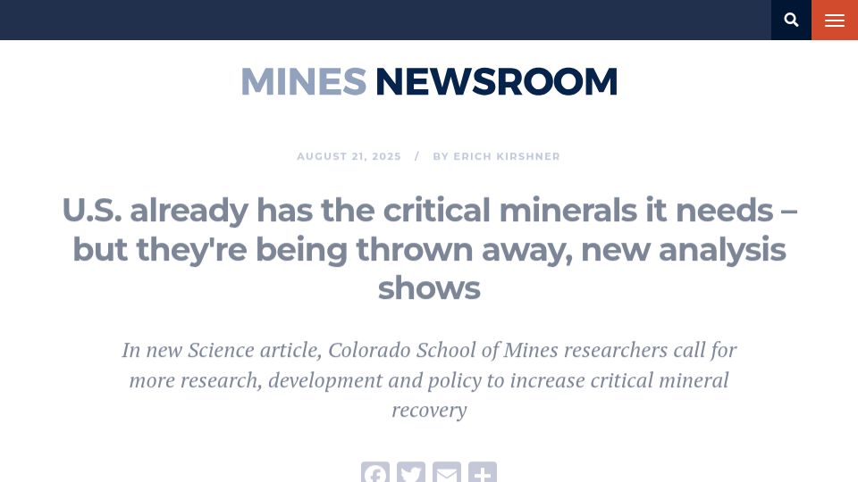 Screenshot of minesnewsroom.com: U.S. already has the critical minerals it needs, according to new analysis