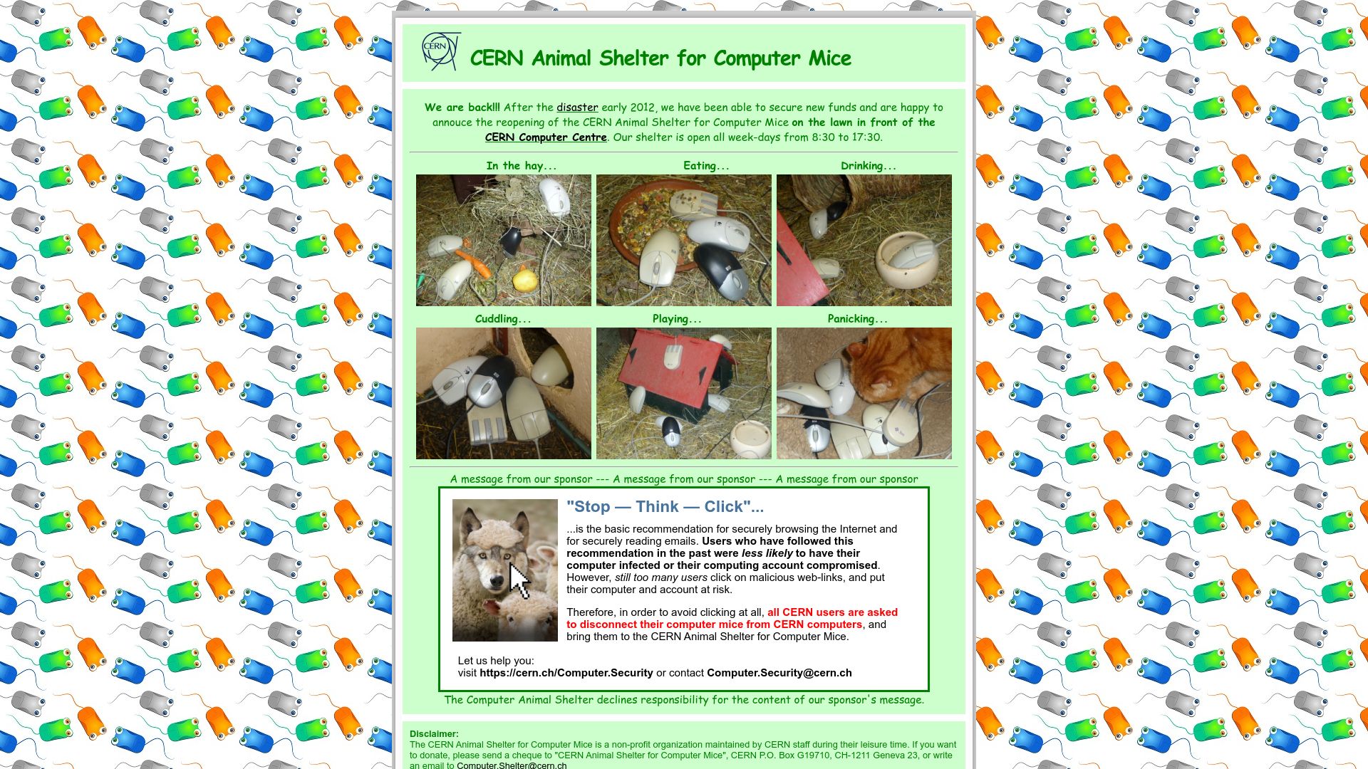 Screenshot of computer-animal-shelter.web.cern.ch: CERN Animal Shelter for Computer Mice (2011)